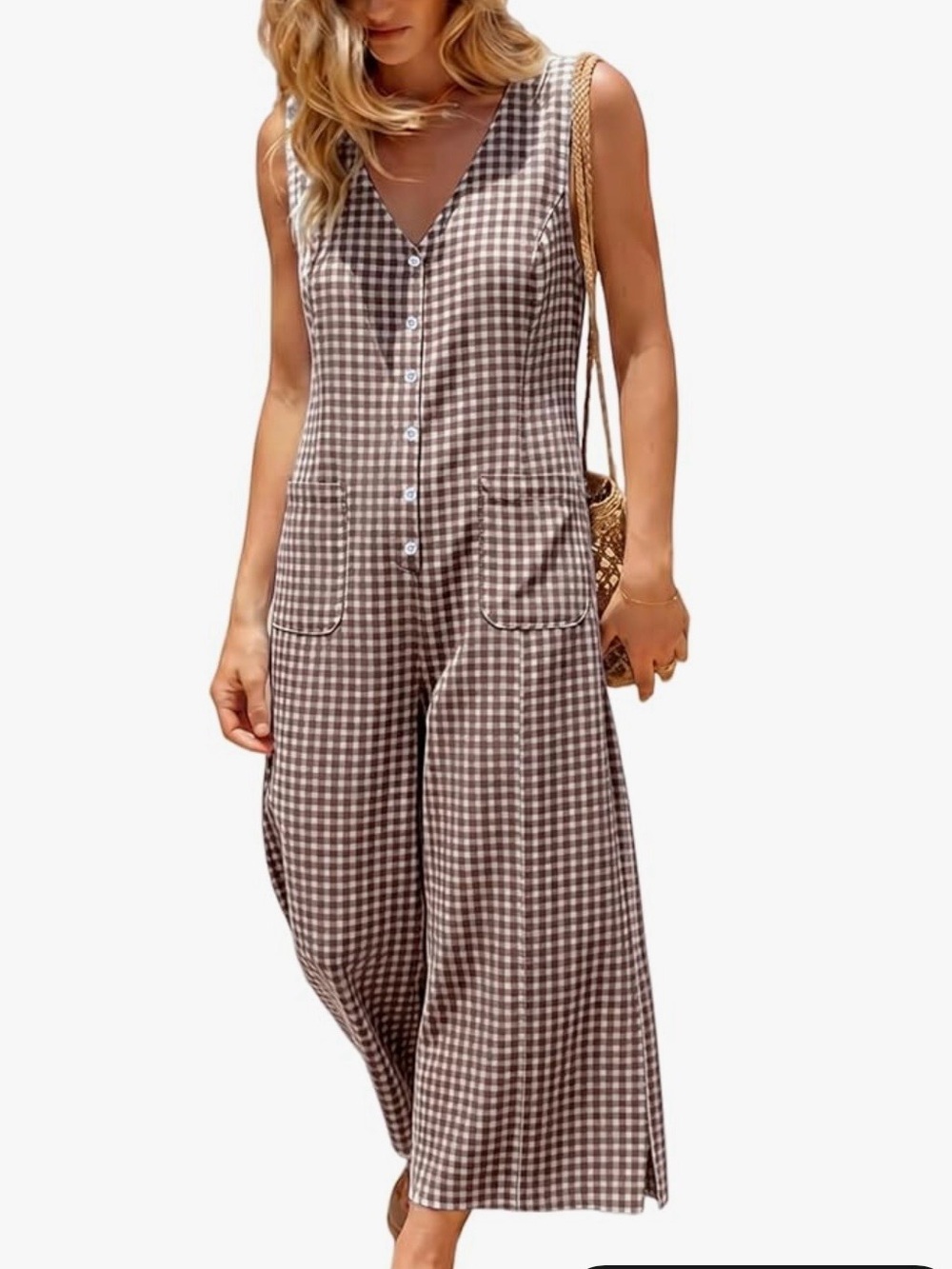 Button Down Romper Jumpsuit Sleeveless Relaxed Fit Gingham Plaid Woman’s Large